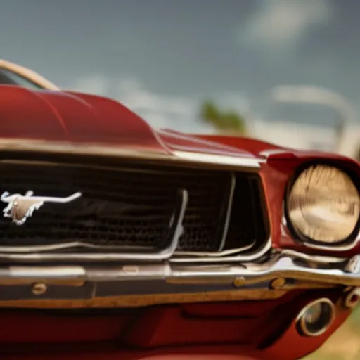 Prompt: a closeup photorealistic photograph of sadie adler driving a vintage ford mustang. film still. 4 k hd image, trending on artstation, featured on behance, well rendered, extra crisp, features intricate detail, epic composition and the style of unreal engine.