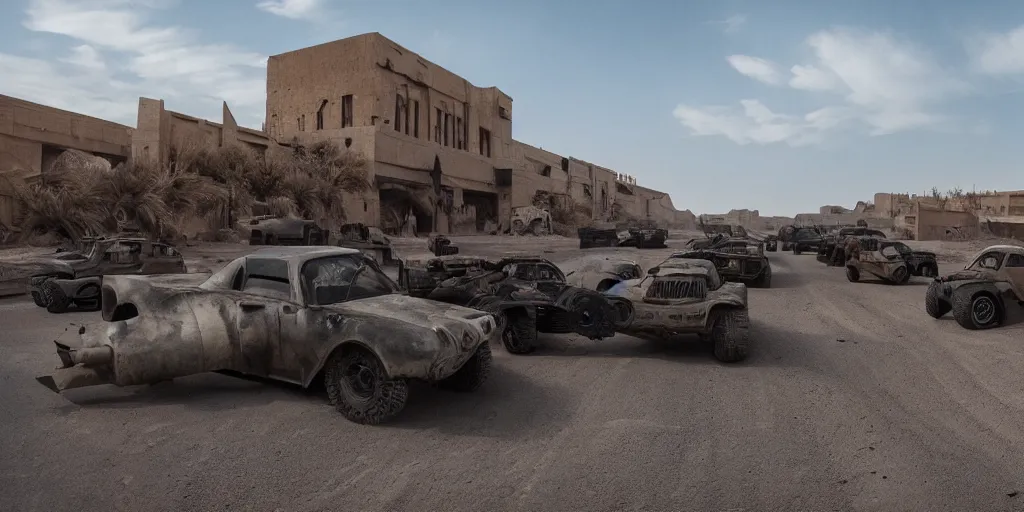 Image similar to mad max inspired vehicle convoy driving through abandoned city square with desert vegetation all around, panorama