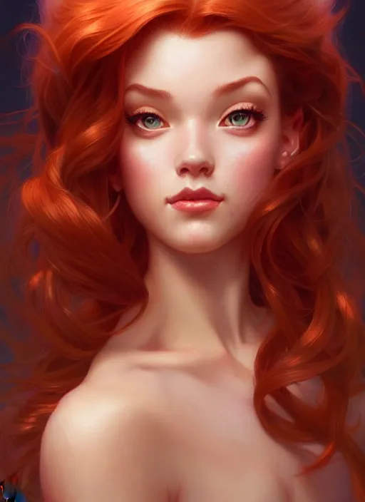 Image similar to portrait of disney ariel, intricate, elegant, highly detailed, my rendition, digital painting, artstation, concept art, smooth, sharp focus, illustration, art by artgerm and greg rutkowski and alphonse mucha and uang guangjian and gil elvgren and sachin teng, symmetry!!