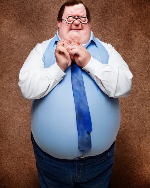 Image similar to Studio Photograph of a real life Peter Griffin from Family Guy in the Style of Annie Leibovitz,