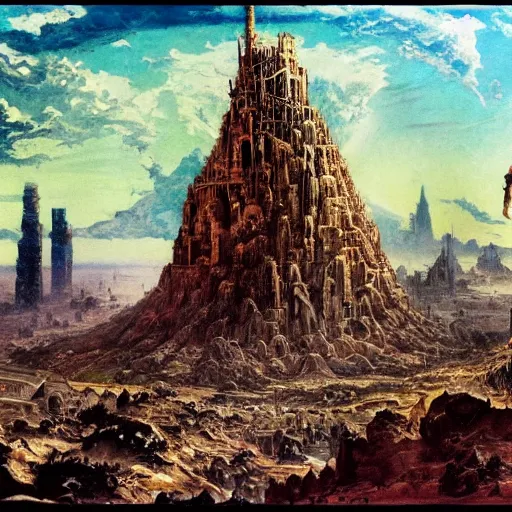 Prompt: babel tower in post apocalyptic Babylon , painting by frazetta, low angle,wide angle, panorama