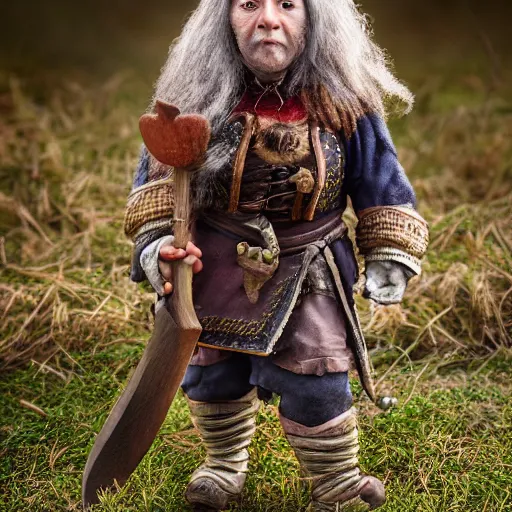 Image similar to photorealistic photograph of female dwarf with axe by Suzi Eszterhas, photorealism, photorealistic, realism, real, highly detailed, ultra detailed, detailed, f/2.8L Canon EF IS lens, Canon EOS-1D Mark II, Wildlife Photographer of the Year, Pulitzer Prize for Photography, 8k