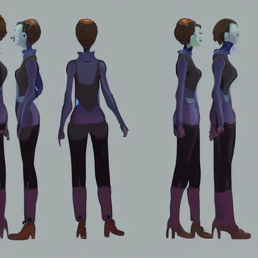 Image similar to a character expression sheet for a quirky female space engineer character in the style of an animated feature film concept art, detailed, beautiful digital painting, expressive, well drawn, expert, characterful, unique, emotive, emotional