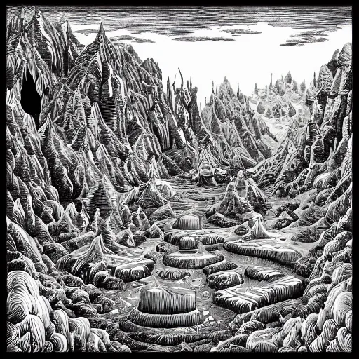 Image similar to impressive fantasy landscape, beautiful line art, pure b & w, etching illustration, square sticker, by joe fenton