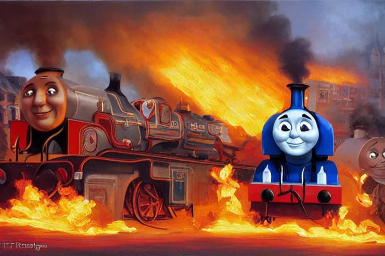 Image similar to portrait thomas the tank engine on fire rolling through london, an oil painting by ross tran and thomas kincade
