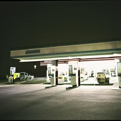 Image similar to a cinestill photography, it's night, the city is quiet, a car is parked at the last gas station at the edge of town, in the darkness eyes watch us, cinestill 800