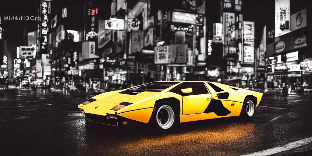 Image similar to photograph of a lamborghini countach parked in a rainy wide tokyo street at night with neon light signs illuminating the scene, sharp focus, highly detailed, ray tracing, cinematic, moody, hdr, 4 k, incredible detail