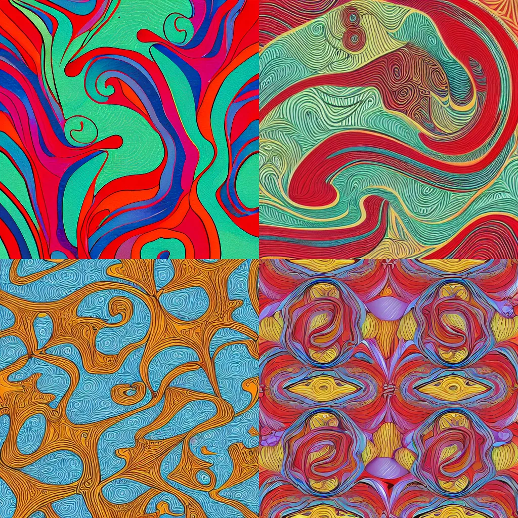 Prompt: abstract curvy intricate pattern in style of victo ngai, roger dean, james jean, vladimir kush, crimson accent