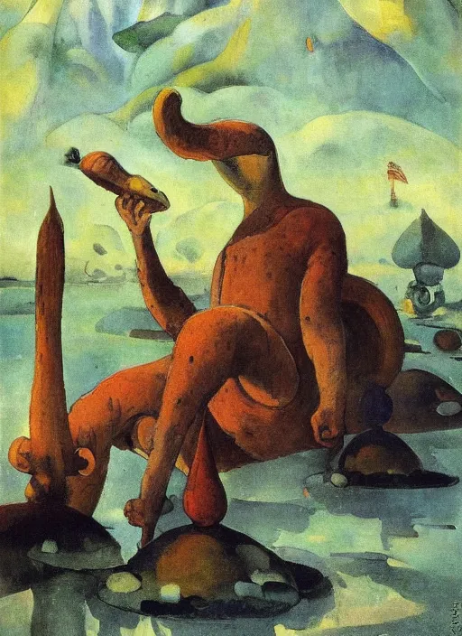 Prompt: photo of a giant snail man guardian of the holy lake, bizarre, fantasy landscape, art by andreas achenbach, august macke, alice bailly, alison geissler