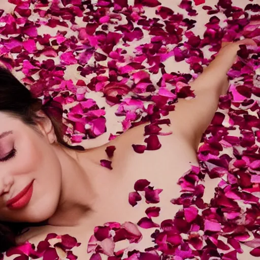 Image similar to a pretty woman lying in a bed that's covered in rose petals,