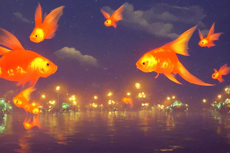 Prompt: fantasy art of glowing goldfish floating in the air, in a japanese town at night, by makoto shinkai, highly detailed digital art, trending on artstation