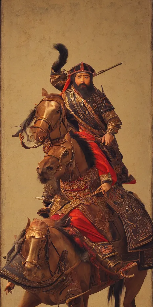 Image similar to Highly detailed and cinematic Renaissance period portrait oil painting Kublai Khan, an oil painting ((masterpiece)) by ((Josep Tapiró Baró)), dynamic lighting, 8K