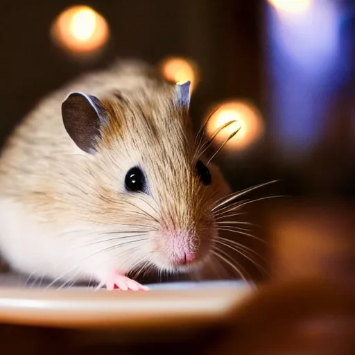 Prompt: photo of a hamster, at night, candlelit restaurant table, various poses, unedited, soft light, sharp focus, 8 k