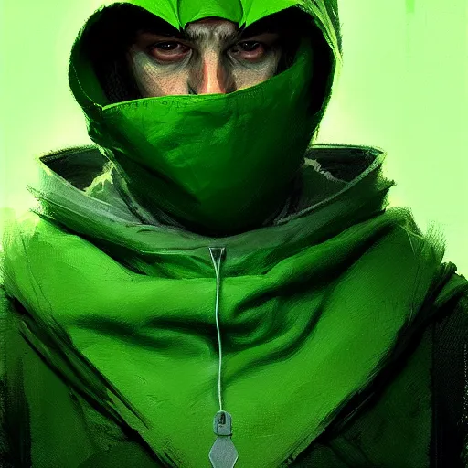 Prompt: portrait of a programmer with green hood by greg rutkowski, digital