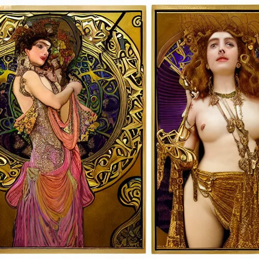 Prompt: realistic detailed dramatic symmetrical portrait of beast with a golden cup in her hand as Salome dancing, wearing an elaborate jeweled gown, by Alphonse Mucha and Gustav Klimt, gilded details, intricate spirals, coiled realistic serpents, Neo-Gothic, gothic, Art Nouveau, ornate medieval religious icon, long dark flowing hair spreading around her