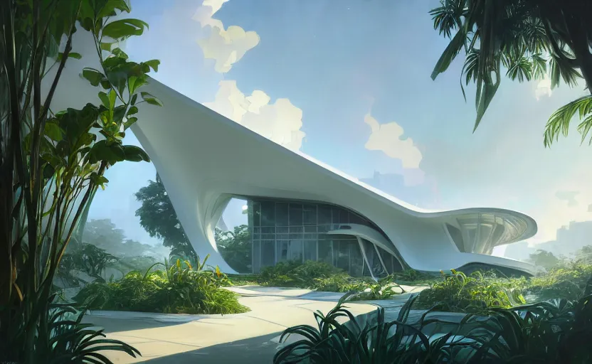 Image similar to painting of a wide angle exterior shot of a white modern architecture in the middle of a tropical forest with cinematic lighting by zaha hadid and renzo piano, darek zabrocki and greg ruthkowski, alphonse mucha, simon stalenhag and cinematic and blue cold atmospheric, archillect concept art, artstation, trending on artstation