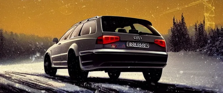 Prompt: Audi A4 B6 Avant (2002), a gritty neo-noir, dramatic bright lighting, cinematic, establishing shot, extremely high detail, photorealistic, cinematic lighting, artstation, by simon stalenhag, Snowy italian road, Snowy Alps, car crash, At night, Poets of the Fall - Late Goodbye