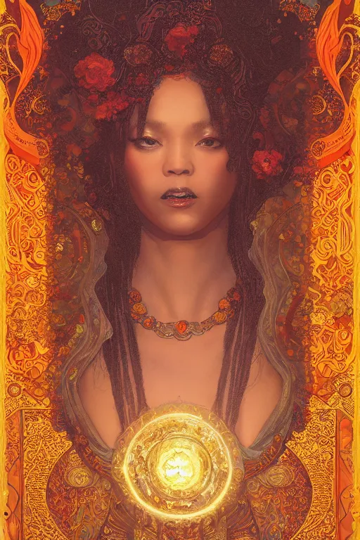 Prompt: tarot card artstation, portrait of a black love dancer, sunrise, baroque ornamnet and rococo ornament, ancient chinese ornate, hyperdetailed, beautiful lighting, craig mullins, mucha, klimt, yoshitaka amano, red and gold and orange color palatte