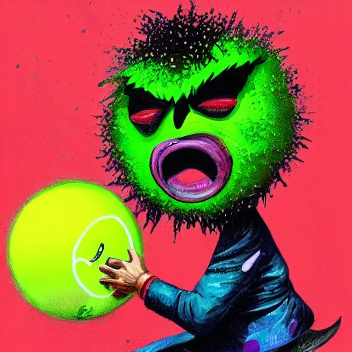 Image similar to a tennis ball monster ,tennis ball, tennis racket, colorful, digital art, fantasy, magic, trending on artstation, ultra detailed, professional illustration by Basil Gogos