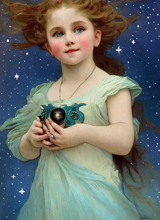 Prompt: a cute little girl with a round cherubic face, blue eyes, and short wavy light brown hair smiles as she floats in space with stars all around her. she is wearing a turquoise dress. beautiful painting with highly detailed face by alphonse mucha and artgerm and greg rutkowski