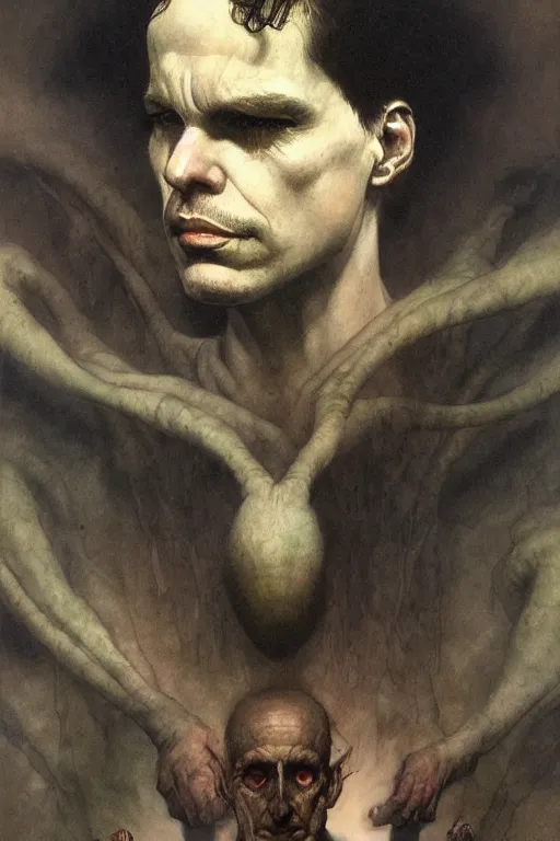 Image similar to portrait of yourself in the style of wayne barlowe, gustav moreau, goward, bussiere, roberto ferri, santiago caruso, luis ricardo falero, austin osman spare