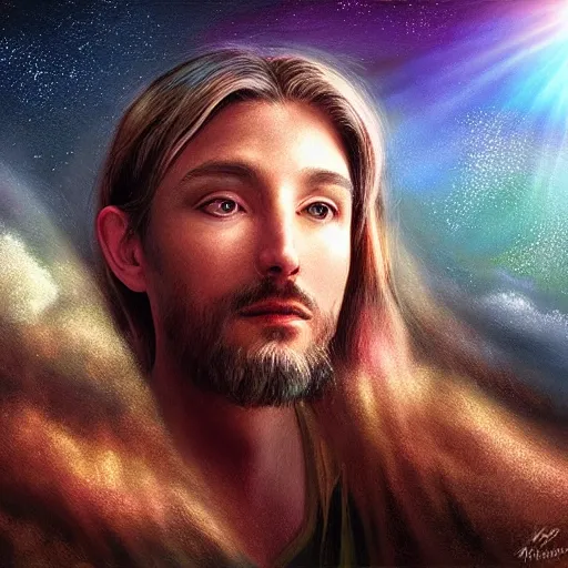 Image similar to the hyper - realistic portrait of god of dreams in a dreamy atmosphere, halo of light