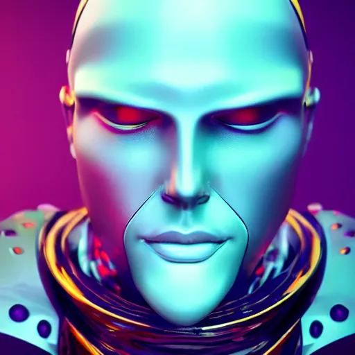 Image similar to hyperrealistic 3 d render of a colorful bust of knight with futuristic fashion elements created by ludvig holmen, brilliantly colored, kingdoms of ether, octane render, 3 d animated, unreal engine 5, volumetric lighting, hdr, cinematic atmosphere, smooth surface, 8 k