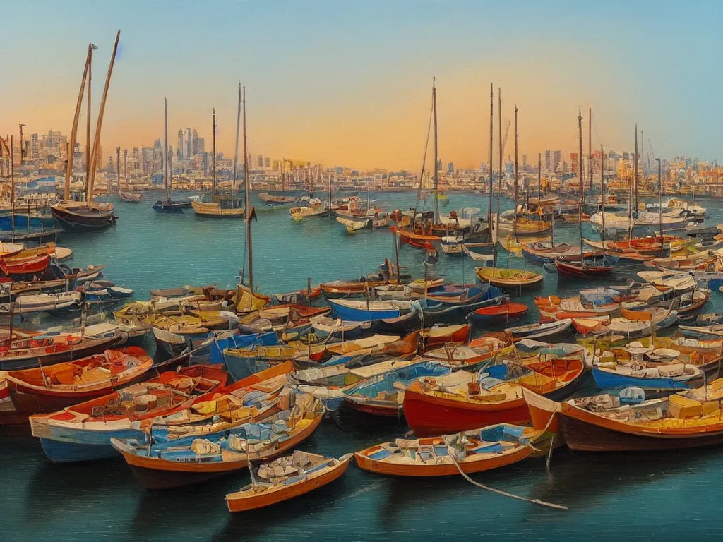 Image similar to A detailed oil painting of the beautiful port of Tel Aviv, harbour, boats, in the style of Michiel Schrijver, isometric, pastel colors