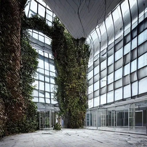 Image similar to “derelict architecture single building , the windows are growing single vines, building designed by architect Zaha Hadid, architecture digest, building surrounded in a luxury environment, bright tones, fluorescent lighting,volumetric Lighting, photorealism, high detail, golden ratio, cinematic, octane renderer”