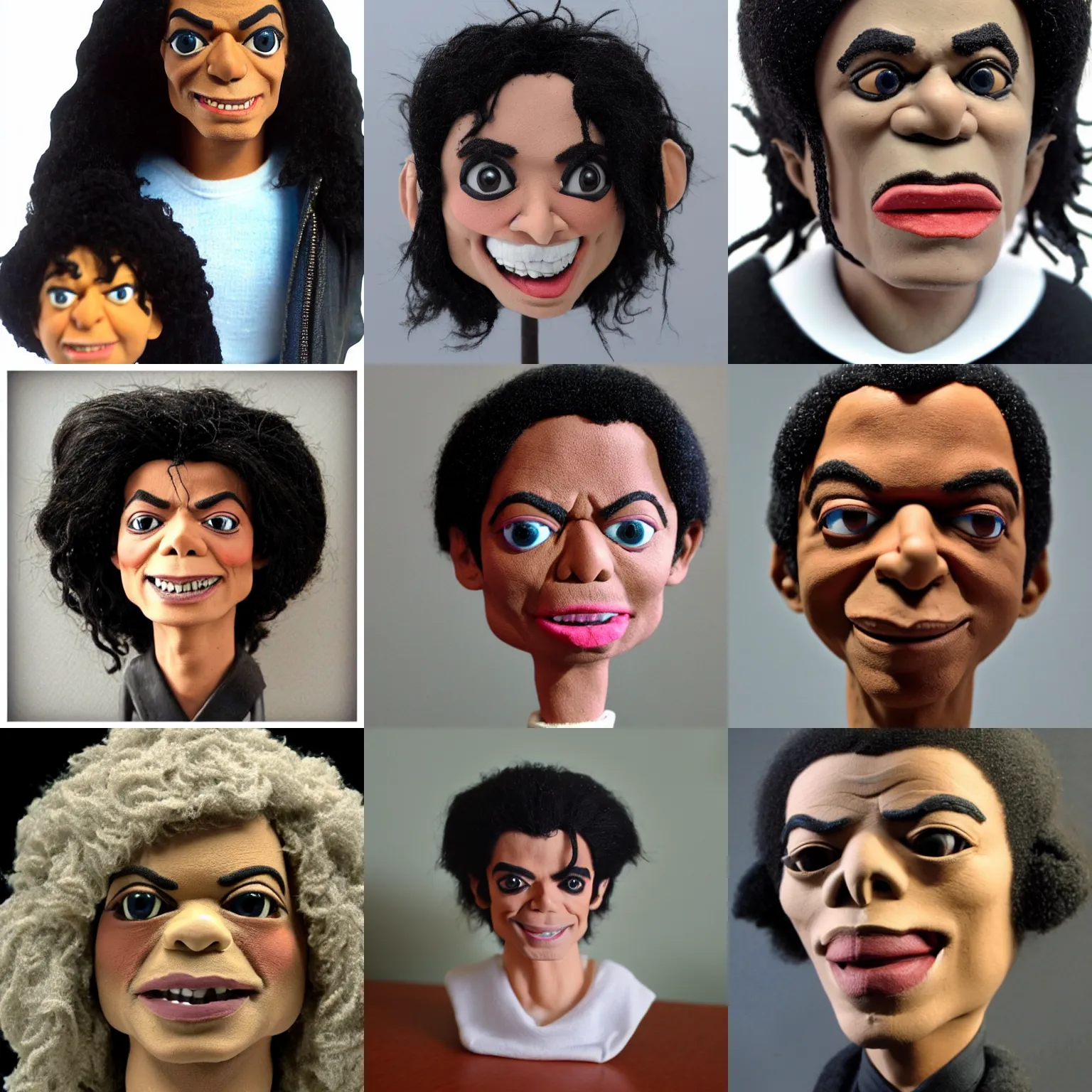 Prompt: clay! close detailed sculpted head of michael jackson , style: claymation puppet kids clay , by guldies