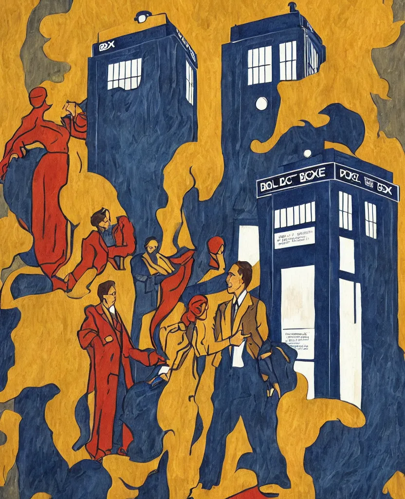 Prompt: the doctor and the TARDIS in an art deco painting style