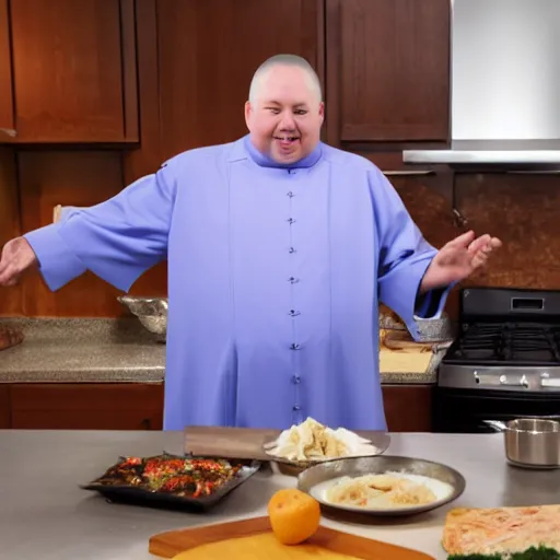 Image similar to fat catholic priest cooking show still