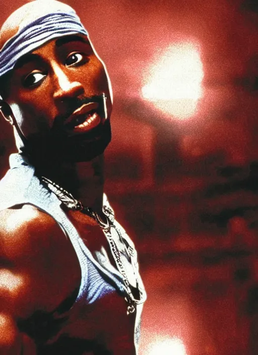 Image similar to film still of Tupac as John McClane in Die Hard, 4k