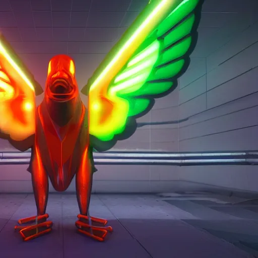 Prompt: a cybertronic duck, metallic, glowing, neon wings, sharp orange beak, unreal engine