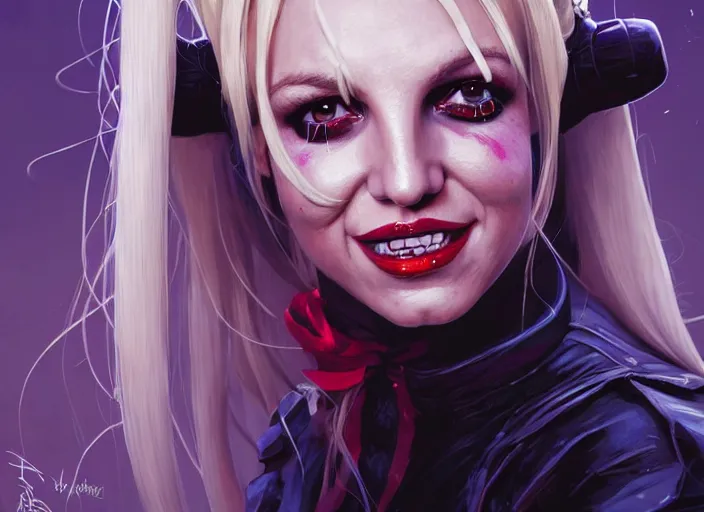 Image similar to highly detailed portrait of britney spears as harley quinn, in batman comics, stephen bliss, unreal engine, fantasy art by greg rutkowski, loish, rhads, ferdinand knab, makoto shinkai and lois van baarle, ilya kuvshinov, rossdraws, tom bagshaw, global illumination, radiant light, detailed and intricate environment