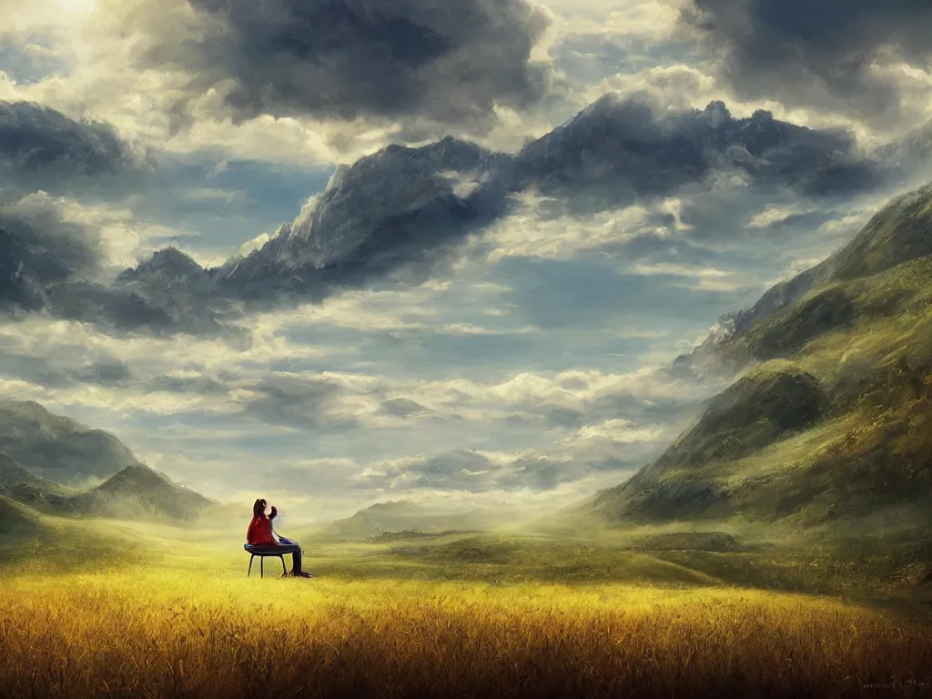 Prompt: a cinematic landscape view looking at an open field, a girl sits in the field looking at the sky, mountains in the distance with a river running down, the sun shines through the parted clouds, digital painting, fantasy, art by alexandre mahboubi and christophe oliver