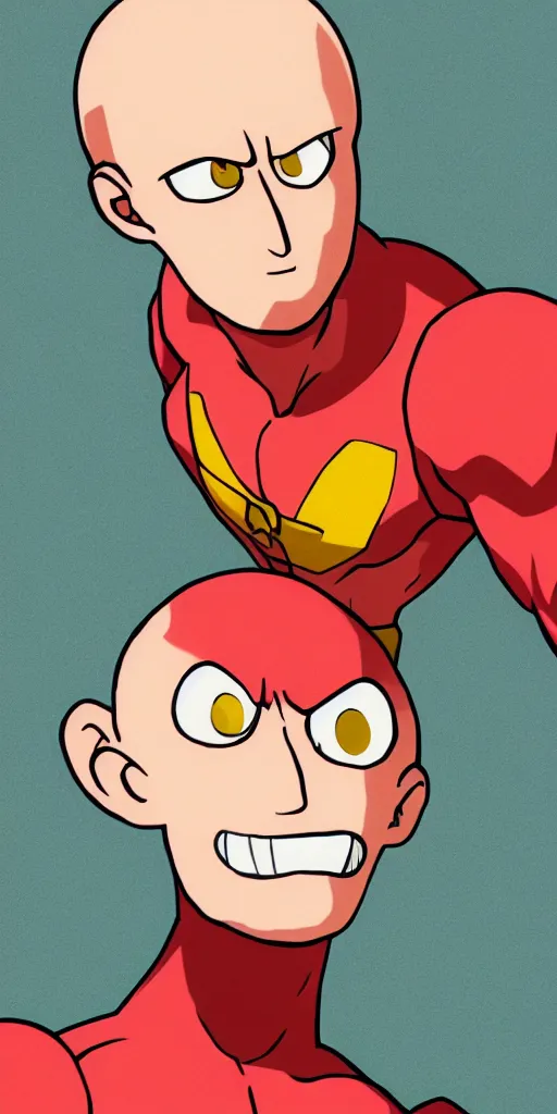 Image similar to portrait of saitama in the cuphead game art style, angry, face wrinkles, red background