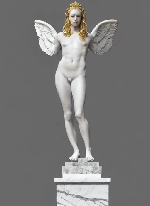 Image similar to a statue made of white marble with gold veins, of an beautiful gorgeous angel girl, full body shot, perfect symmetrical body, perfect symmetrical face, no eyes, hyper realistic, hyper detailed, fujicolor superia 1 6 0 0 photo, by johannen voss, by peter kemp, by monia merlo, by michelangelo octane render, blender, 8 k