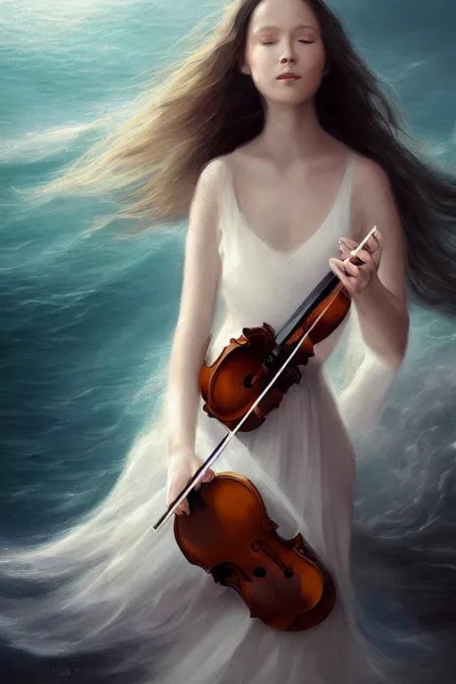 Prompt: beautiful mystical digital painting girl playing a violin wearing a long white dress over a wavy ocean by Leesha Hannigan, Ross Tran, Thierry Doizon, Kai Carpenter, Ignacio Fernández Ríos