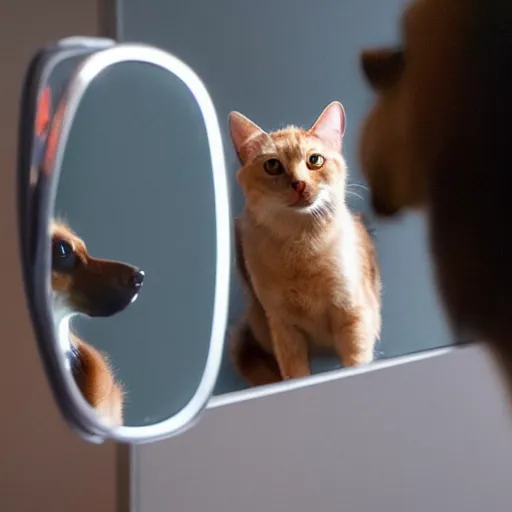 Image similar to A dog looking curiously in the mirror, seeing a cat.