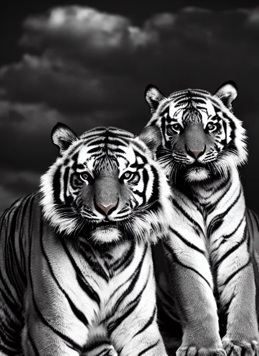 Image similar to two tigers black and white portrait white sky in background