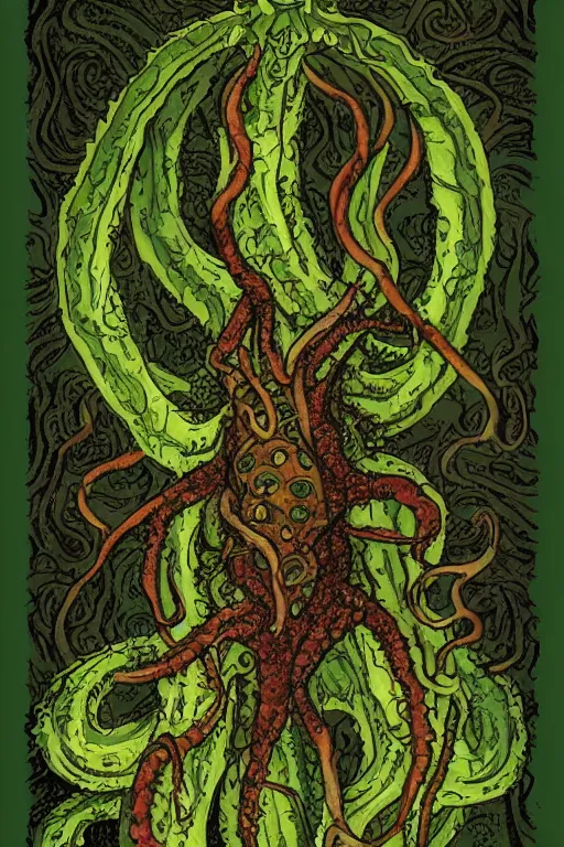 Prompt: flesh eating plant eldritch horror cthulhu, concept art, digital art, tarot card