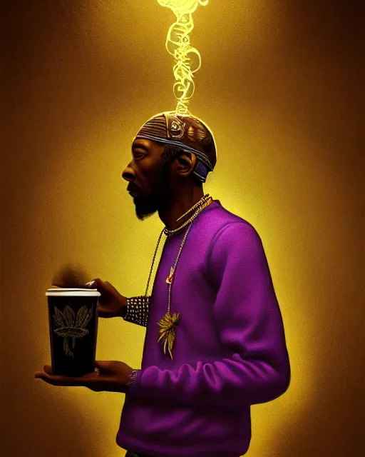 Image similar to snopp dogg holding pounds of weed turkey bags, accurate details, detailed face, purple liquid in cup glowing, fantasy, dramatic, intricate, elegant, highly detailed, digital painting, artstation, concept art, smooth, sharp focus, illustration, art by Gustave Dore, octane render