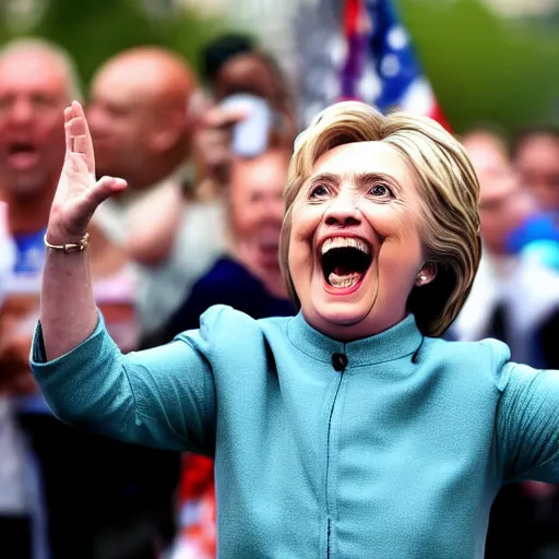 Image similar to hillary clinton running marathon screaming shouting hands in air