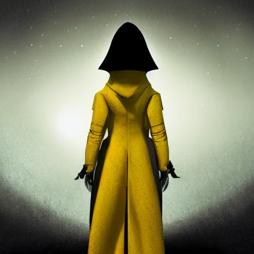 Image similar to award - winning. trending on artstation. 4 k. eerie tone. a figure wearing a layered yellow coat standing in front of a black hole in space. dark background. in the style of cedric peyravernay. full - body. medieval. 4 k.