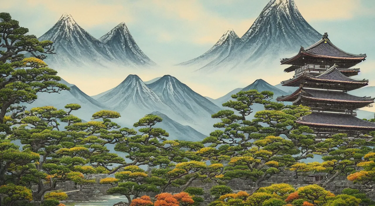 Image similar to a beautiful painting of a singular Japanese castle, with a garden as foreground, with mountains as background, trending on artstation