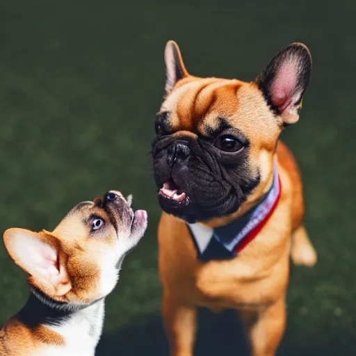 Image similar to a photo of french bulldog highfiving a shiba inu wearing a business suit, photorealistic, nikon d 7 8 0, high definition, sharp focus, bokeh, smooth, highly detailed, espn sports photography