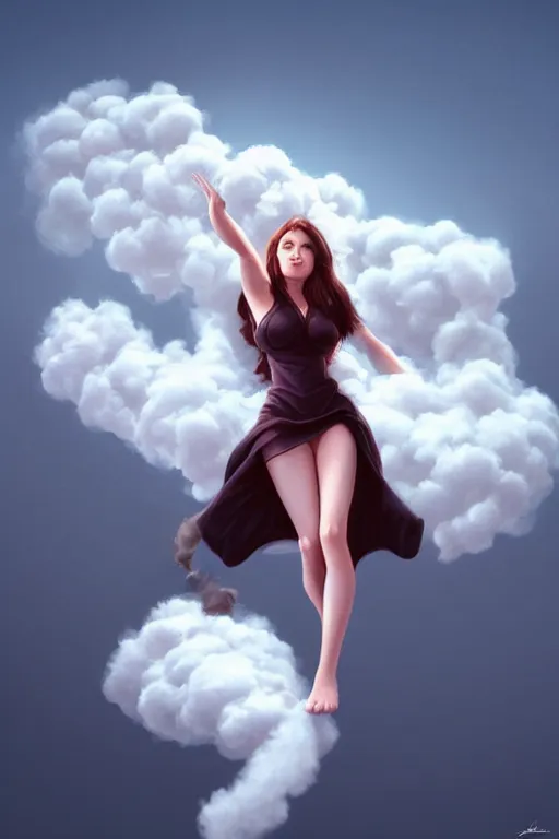 Prompt: a woman) floats in the air surrounded by a hand-shaped cloud of smoke by Artgerm