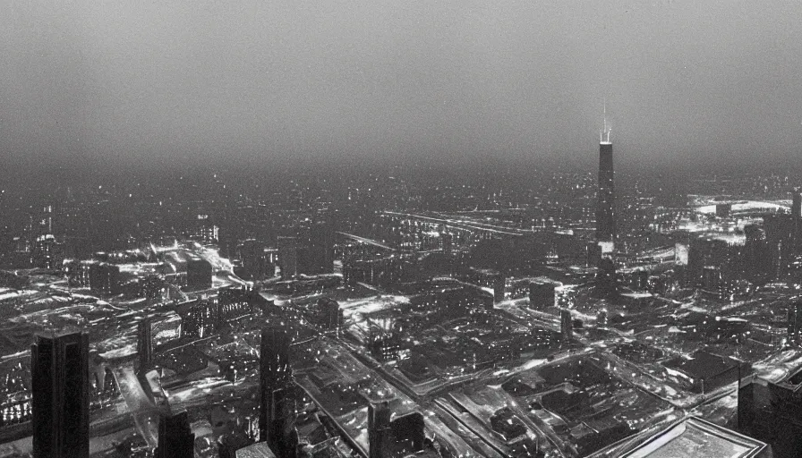 Prompt: art deco sports stadium on top of a skyscraper, Chicago, dark city, olympics event 1930's, moody lighting, cinematic, Road to Perdition stillframe