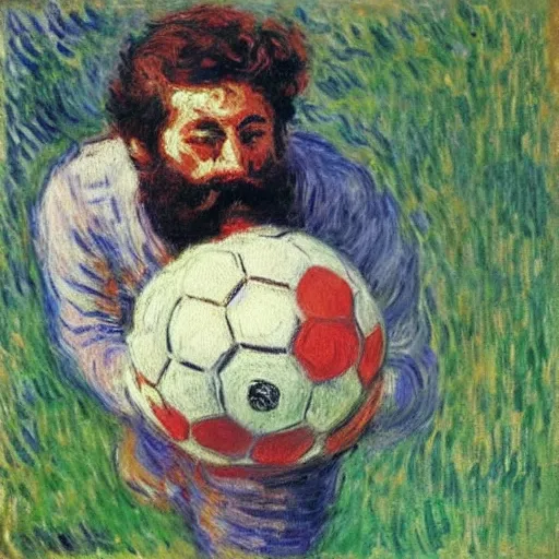 Prompt: monet painting of a bearded man with short hair kissing a soccer ball, closed eyes, intimate, beautiful, highly detailed, realistic,